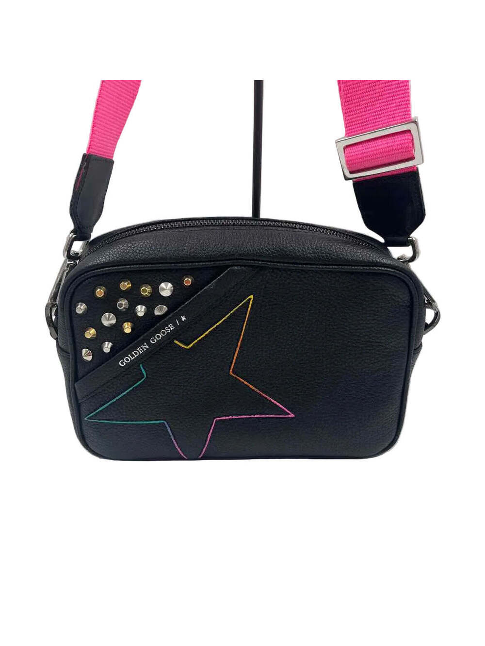 GOLDEN GOOSE Pebble Black Leather NEON STAR Camera Bag Purse w/Crossbody